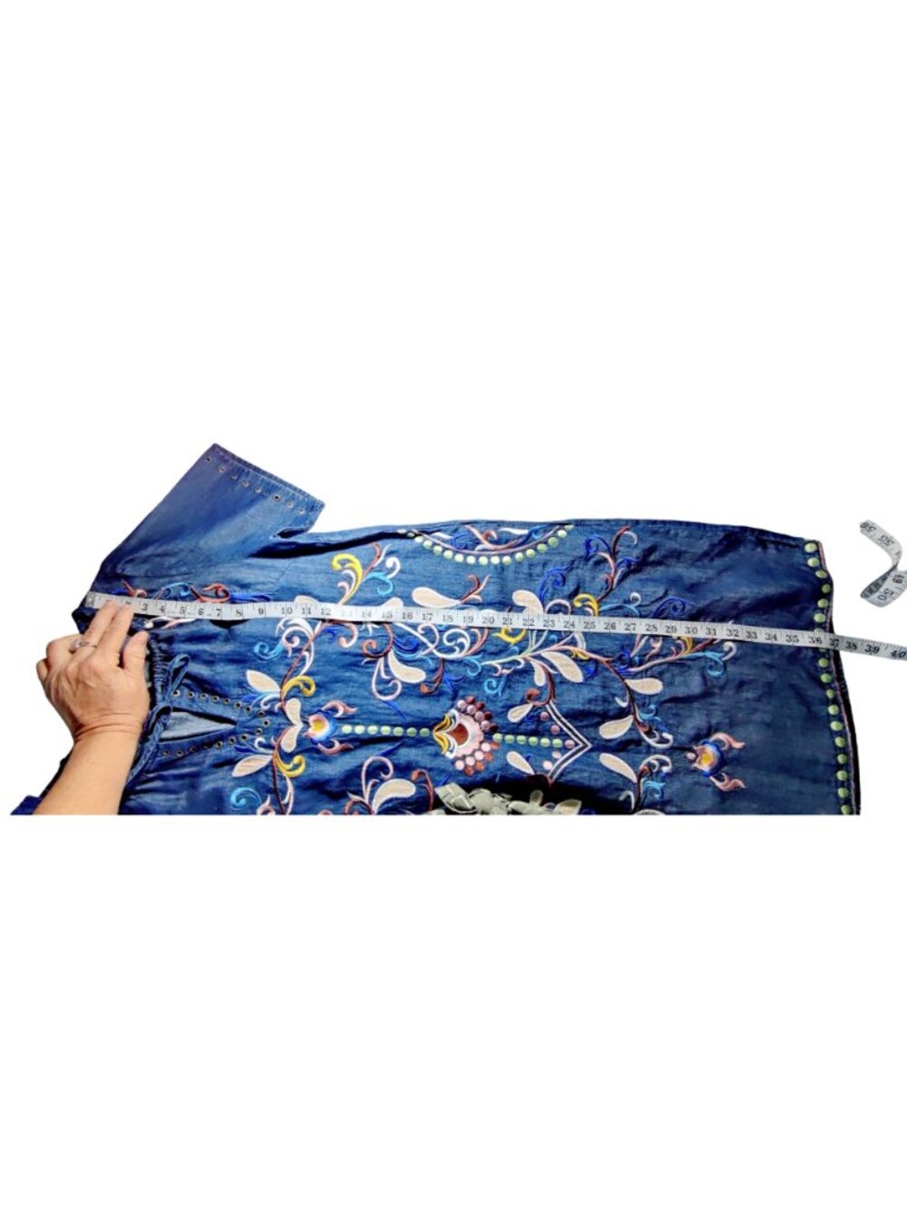 Philosophy Boho Chambray Dress S Blue Floral Embroidery Peasant Tassel Gromets - Picture 13 of 15